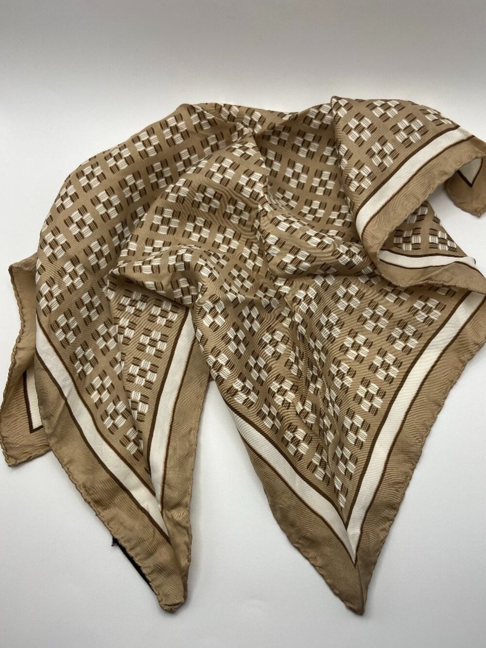 Vintage 100% Silk Made In Italy Bill Blass Scarf Tan Brown and White 1970's